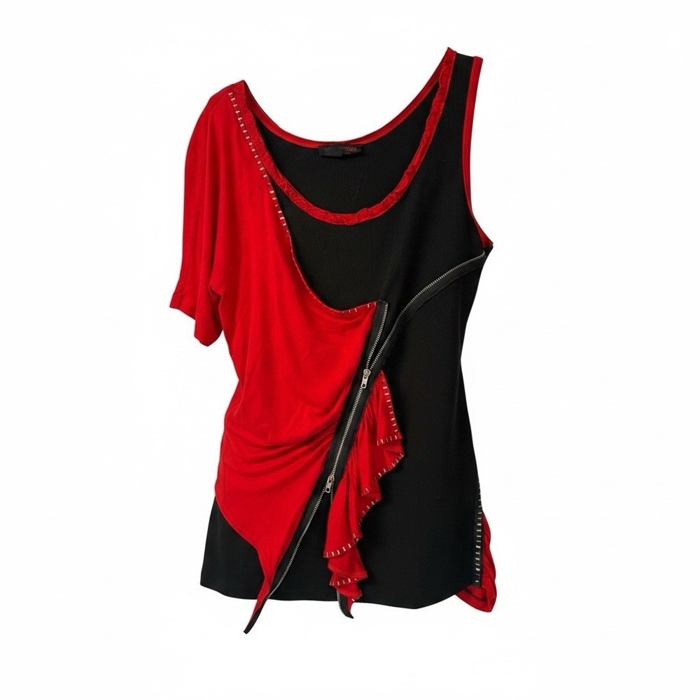 Simon Chang Womens Shirt Medium Red Black Punk Goth Asymmetric Rhinestone Blouse